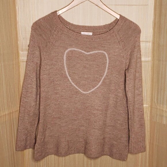 LC Lauren Conrad Womens Tan Pale Pink Heart Shimmer Sweater Large - Picture 1 of 7